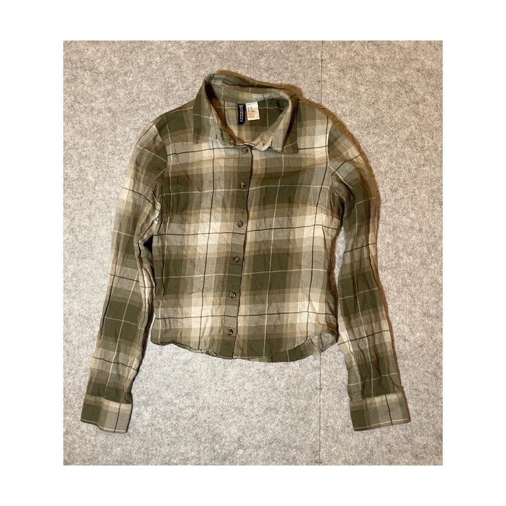 H&M Divided Women XS Plaid Button Down Shirt Olive Green Long Sleeve Cotton